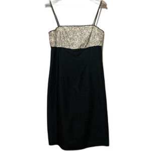 Vintage Ann Taylor cream black embroidered silk midi dress size 8